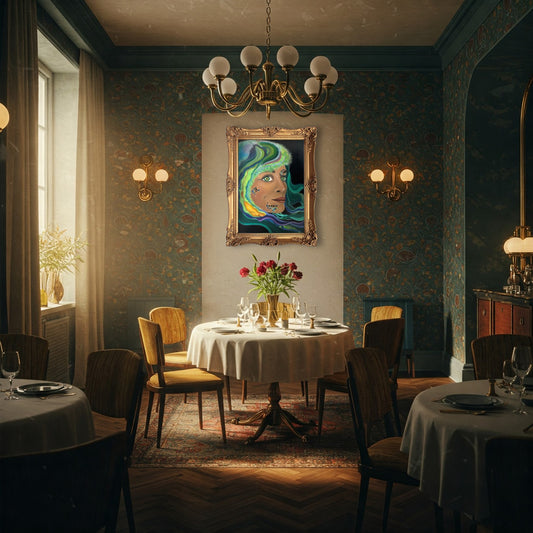 The oil painting "Sagan I/II: made of starstuff" from the series "SCIENK" from LVIIIH ART, in a golden baroque frame. Hangs in a classy dining room with deep green wallpaper, large windows and 20s furniture.