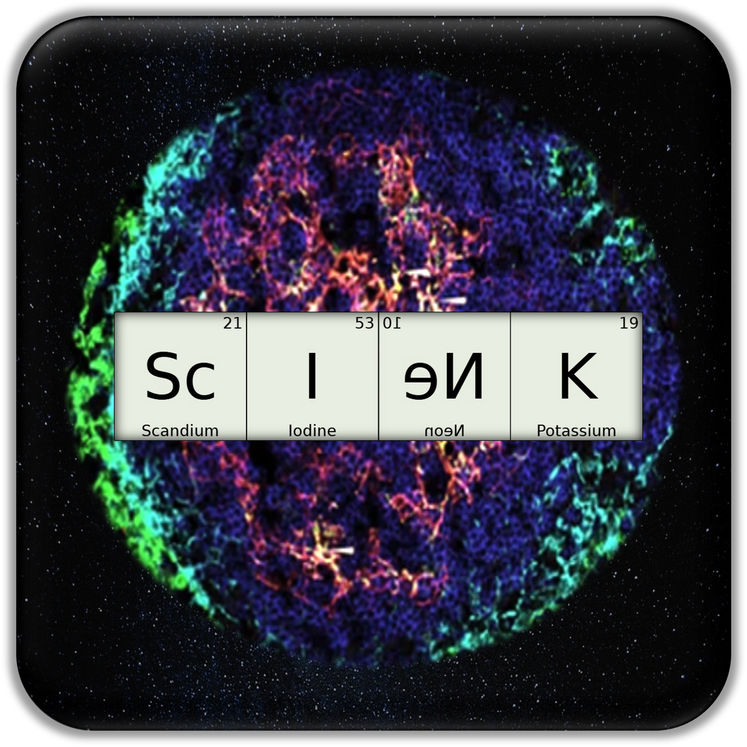 colorful  logotype for "scienk" with a histological microscopy images that look like earth against the background of space and letters from periodic table elements, by lviiih art
