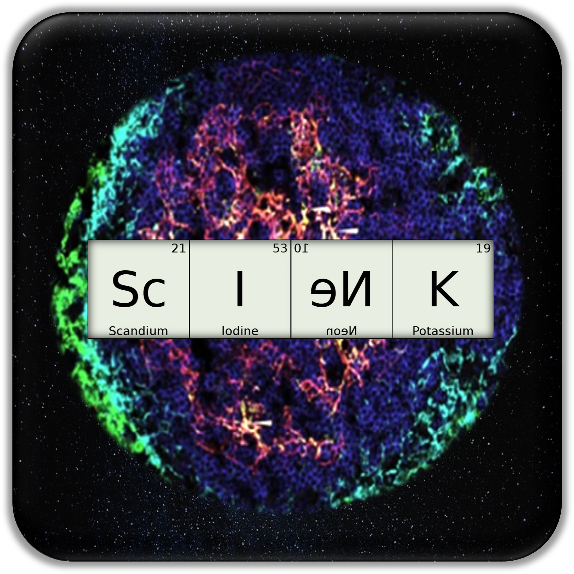 colorful  logotype for "scienk" with a histological microscopy images that look like earth against the background of space and letters from periodic table elements, by lviiih art