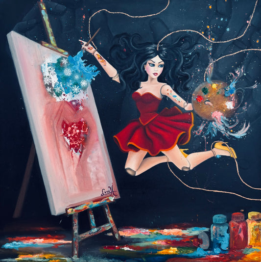 Artistic depiction of a woman in a red dress painting on an easel with various art supplies around.