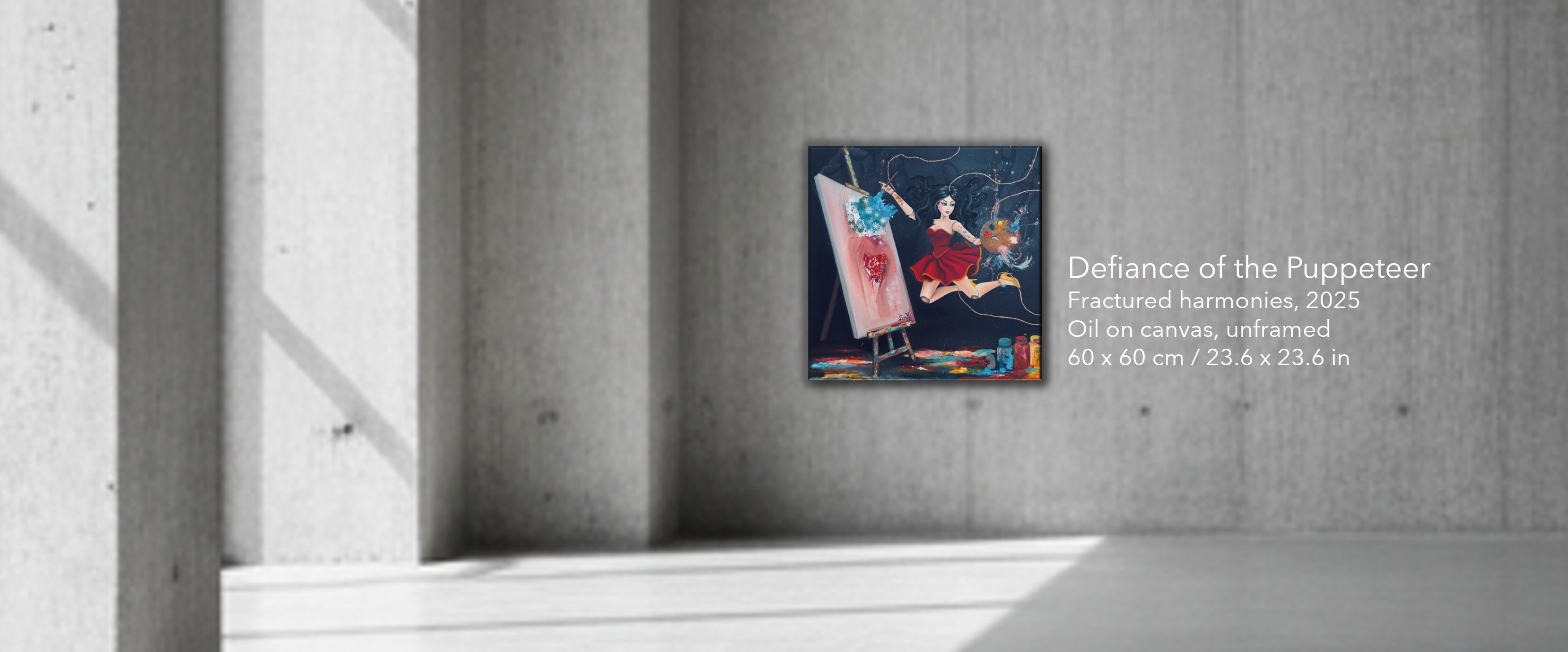 concrete gallery wall showing an original oil painting of a puppet painting on an easel with puppeteer hands in the background, by lviiih art