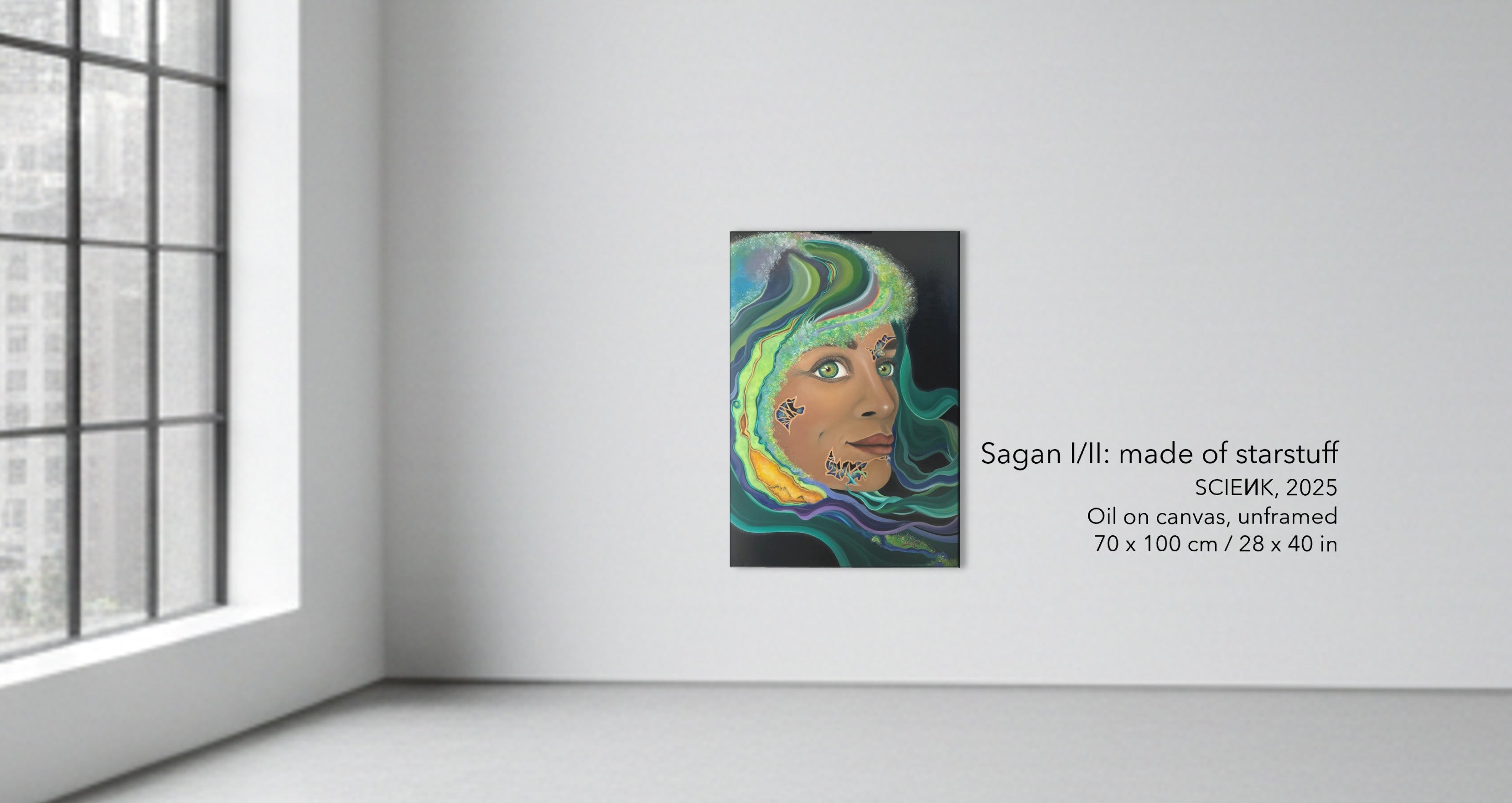 gallery wall showing an original oil painting of a woman surrounded by vibrant colors by lviiih art