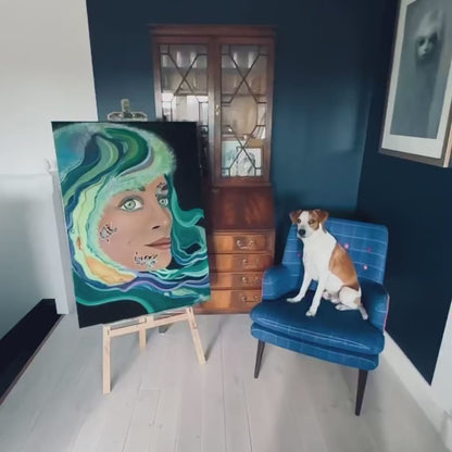 A close-up tour of the oil painting "Sagan I/II: made of starstuff" from the series "SCIENK" from LVIIIH ART. A mid-sized dog sits in a chair next to painting.