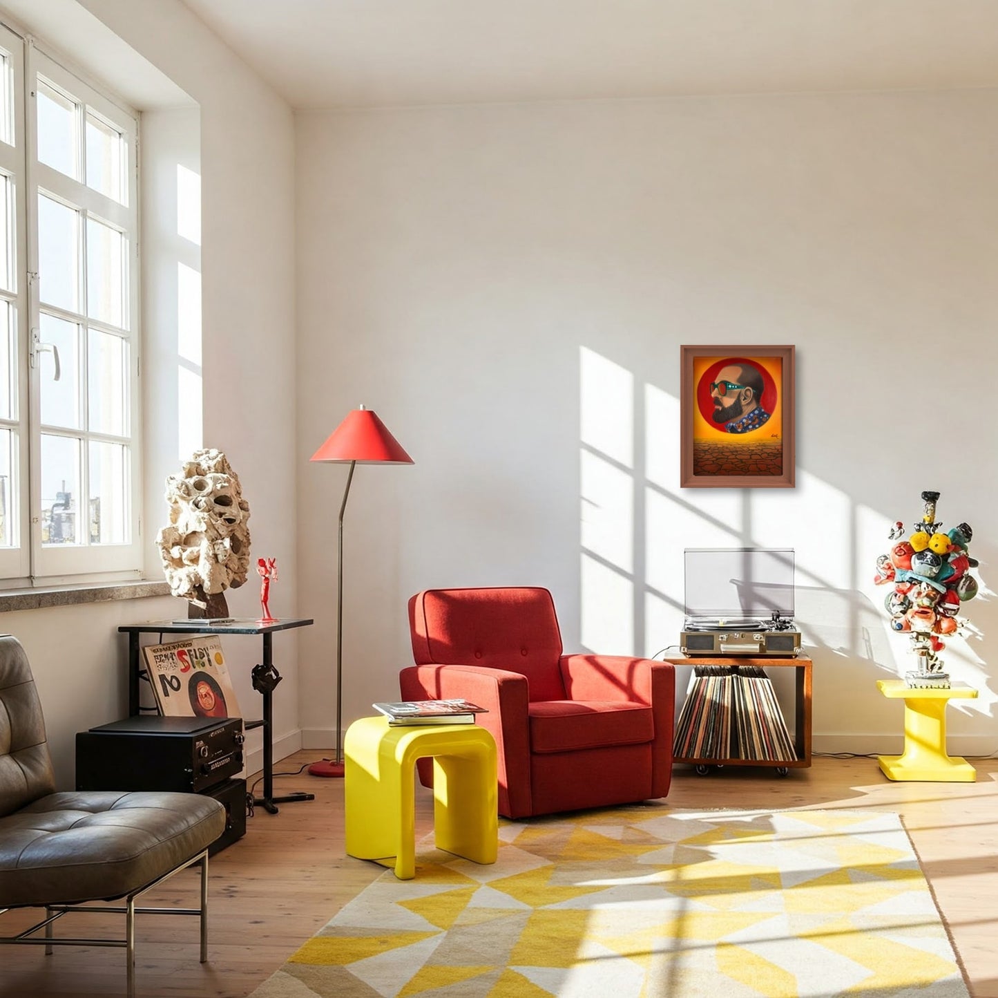 A LVIIIH ART prompted canvas oil painting hangs in a designer living room with red armchair, yellow table, and decorative items.