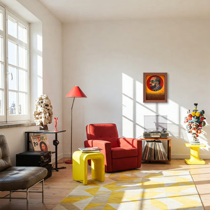 A LVIIIH ART prompted canvas oil painting hangs in a designer living room with red armchair, yellow table, and decorative items.