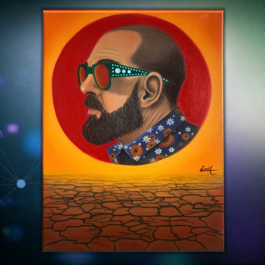 LVIIIH ART oil painting of a person with sunglasses and a patterned shirt against a red sun and cracked earth background.