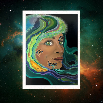 Art print of "Sagan I/II: made of starstuff" from LVIIIH ART i featuring the creation of a beautiful and colorful face of a woman against the backdrop of cosmos