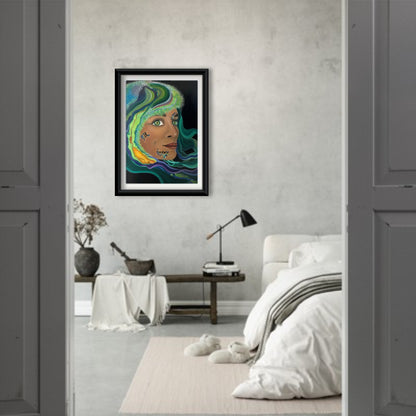 Art print of "Sagan I/II: made of starstuff" from LVIIIH ART in a sleek back frame which hangs on a wall in a scandi style bedroom with a bed and window.