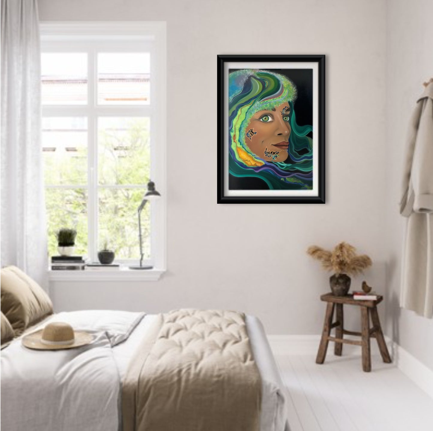 Art print of "Sagan I/II: made of starstuff" from LVIIIH ART in a sleek back frame which hangs on a wall in a scandi style bedroom with a bed and window.