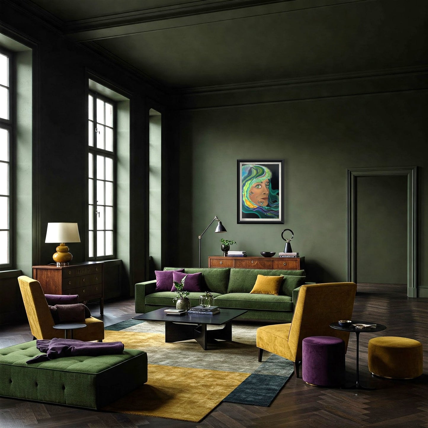 Art print from the oil painting "Sagan I/II: made of starstuff" from the series "SCIENK" from LVIIIH ART. Hangs in a luxurious living room with deep green walls, large windows and pop colored furniture.