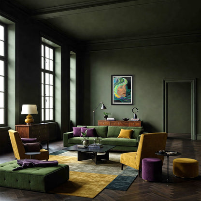 Art print from the oil painting "Sagan I/II: made of starstuff" from the series "SCIENK" from LVIIIH ART. Hangs in a luxurious living room with deep green walls, large windows and pop colored furniture.