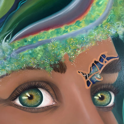 Close-up of the oil painting "Sagan I/II: made of starstuff" from the series "SCIENK" from LVIIIH ART. Shows a set of realistic & soulful eyes and abstract elements of swirling starstuff. 