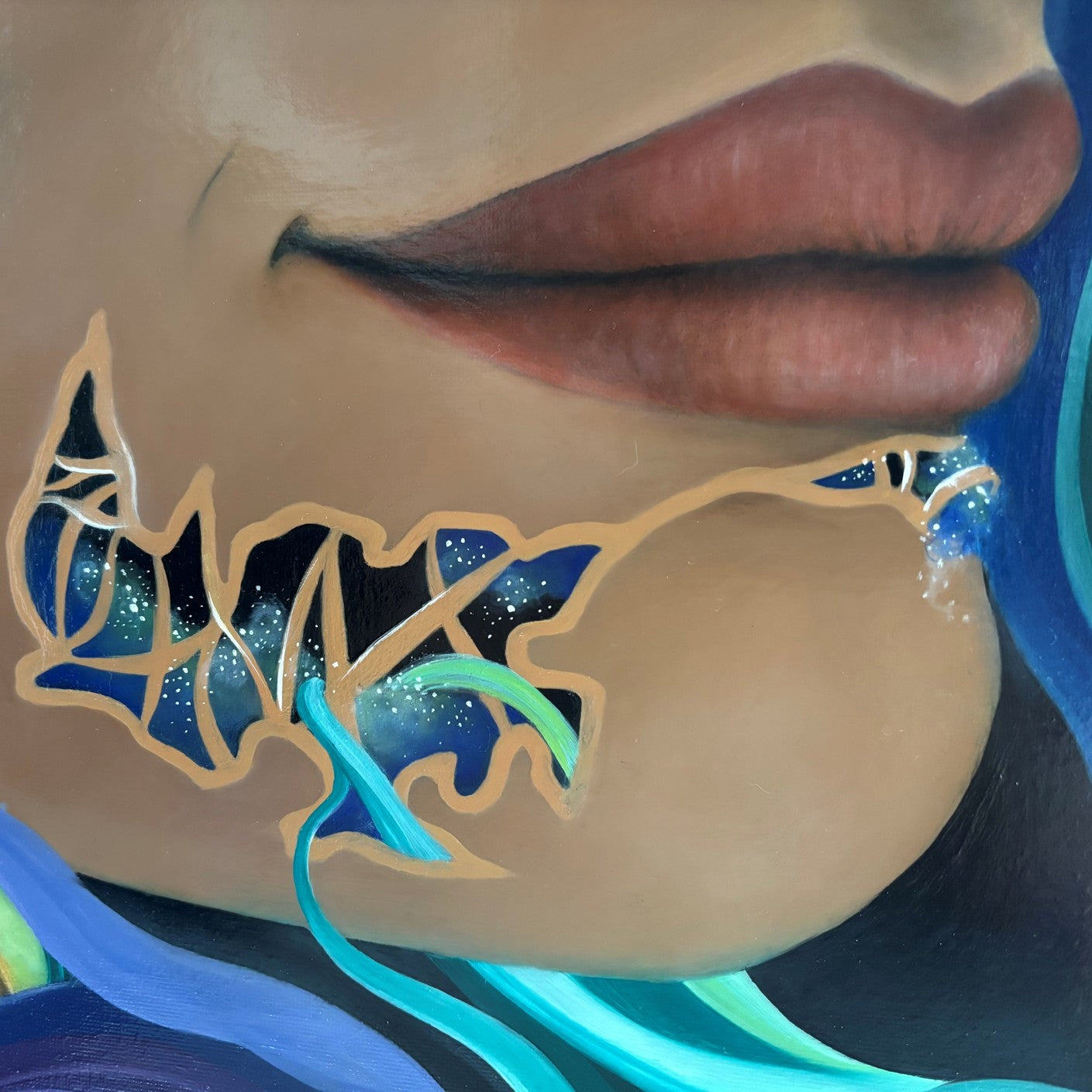 Close-up of the oil painting "Sagan I/II: made of starstuff" from the series "SCIENK" from LVIIIH ART. Shows a realistic mouth and abstract elements of swirling starstuff. 