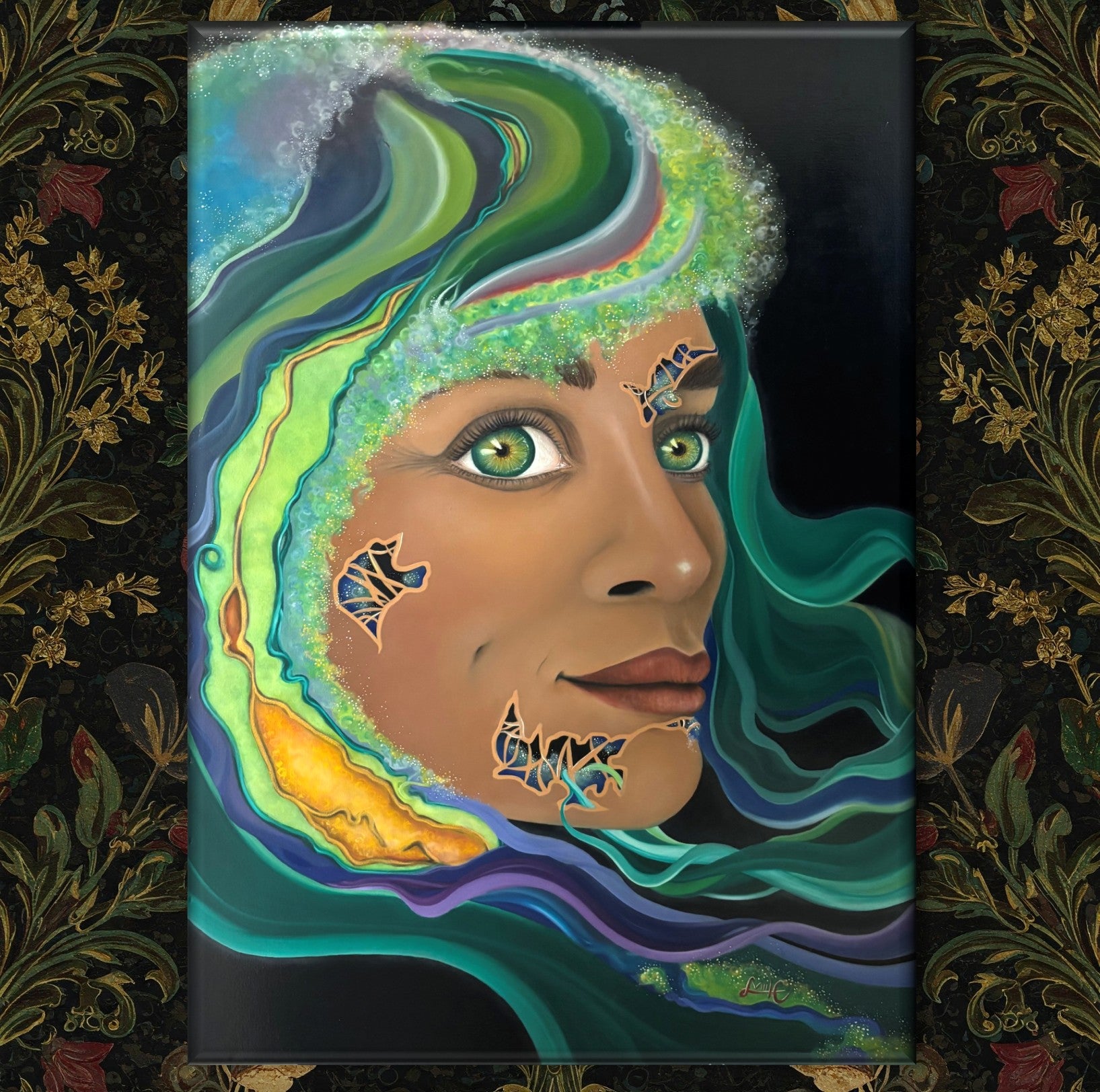 The oil painting "Sagan I/II: made of starstuff" from the series "SCIENK" from LVIIIH ART. Shows the creation of a beautiful & colorful face of a woman in space. Hangs against a floral wall paper.