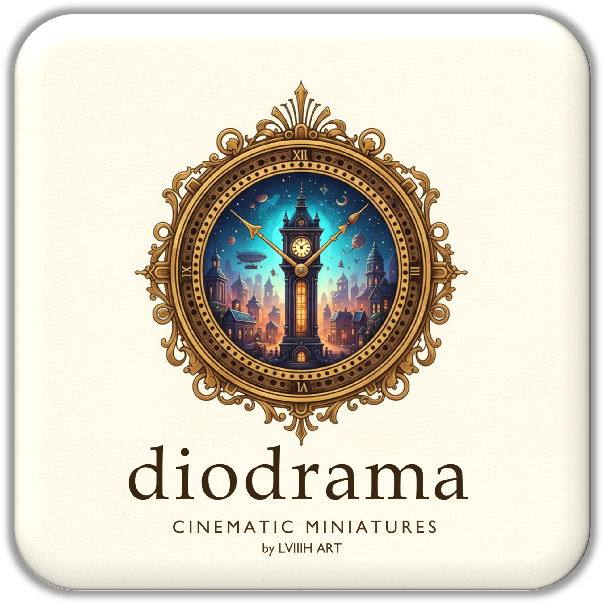logotype for "diodrama" with a decorative clock design on a beige background, made for cinematic miniatures by lviiih art